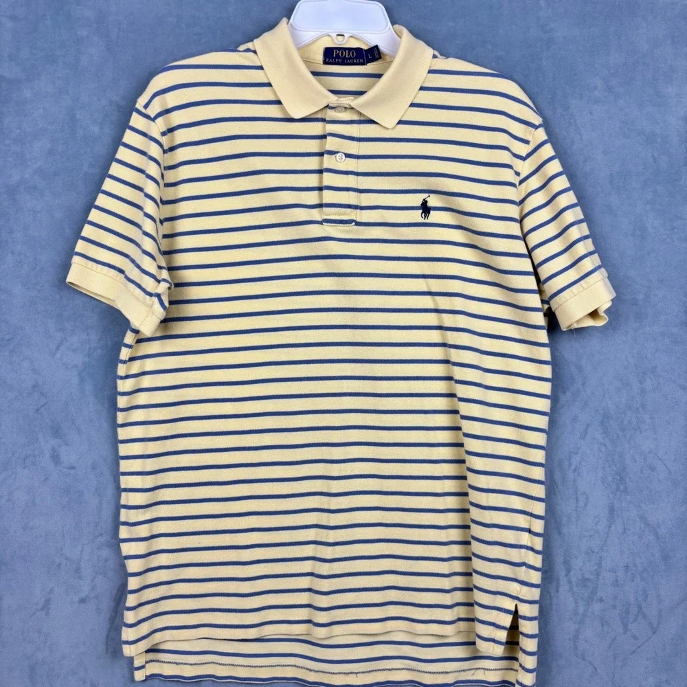 Polo Ralph Lauren Mens Large Yellow Blue Striped Short Sleeve Cotton Polo Shirt
